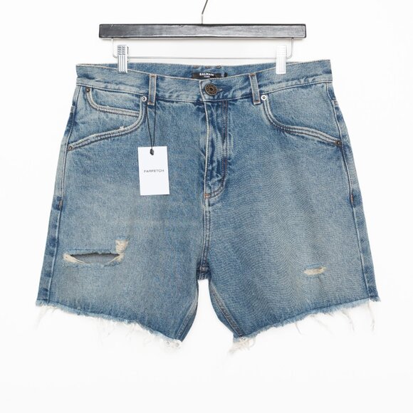 Balmain Blue Ripped Cotton Denim Jean Shorts - Mens Size 31 - NWT - Picture 2 of 14